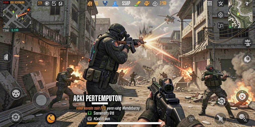 Screenshot gameplay dari 55RP yang menampilkan aksi FPS yang intens.