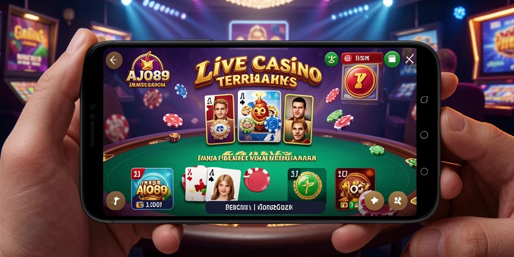 Tangkapan layar AJO89 yang menampilkan dealer langsung dan lingkungan casino yang interaktif.