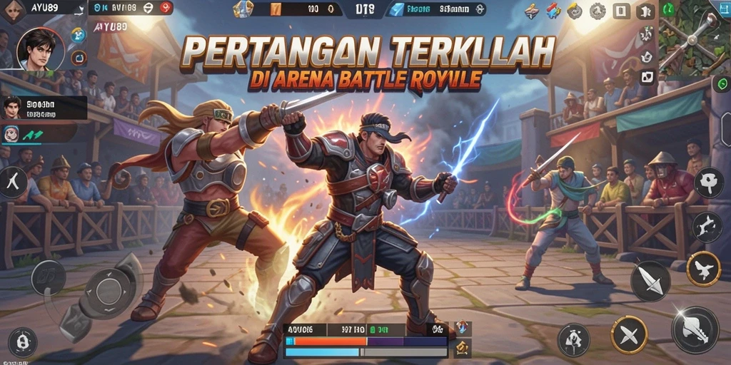 Screenshot gameplay AYU89 yang menampilkan pertempuran seru di arena.