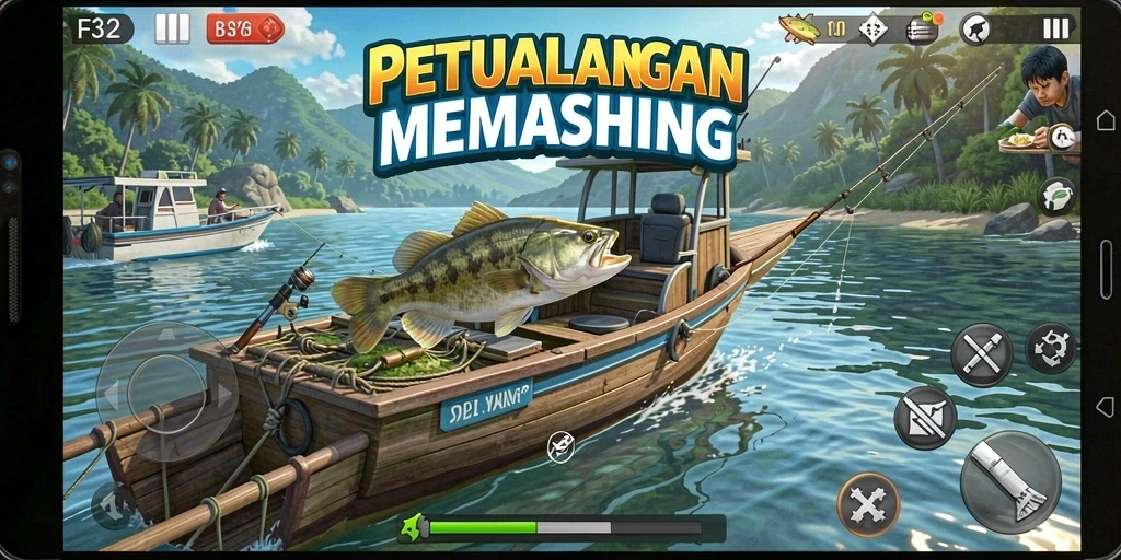 Screenshot gameplay F32 menampilkan aksi memancing yang mendebarkan.