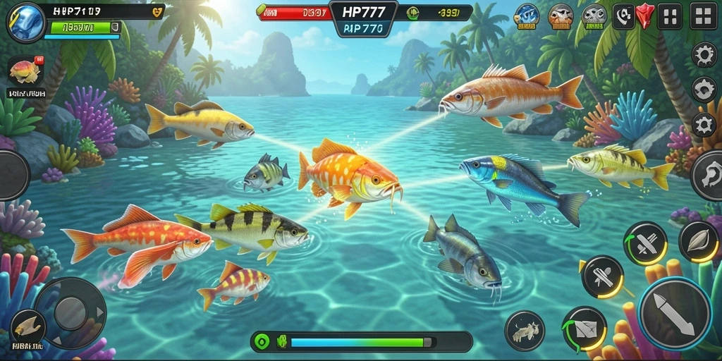 Screenshot gameplay HP777 dengan pemain menembak ikan berwarna-warni.