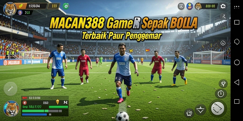 Screenshot gameplay MACAN388 menunjukkan aksi seru di lapangan sepak bola.