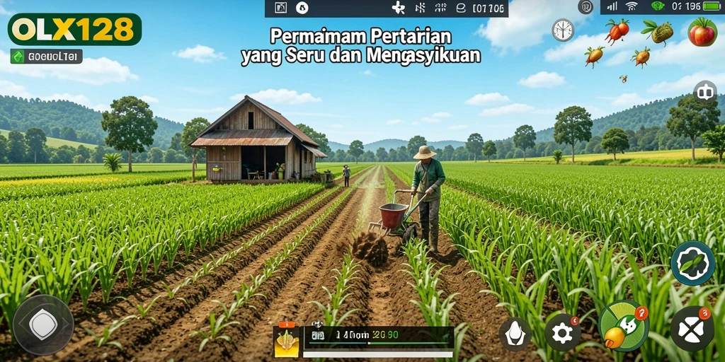 Screenshot gameplay OLX128 menampilkan aktivitas bertani yang seru.