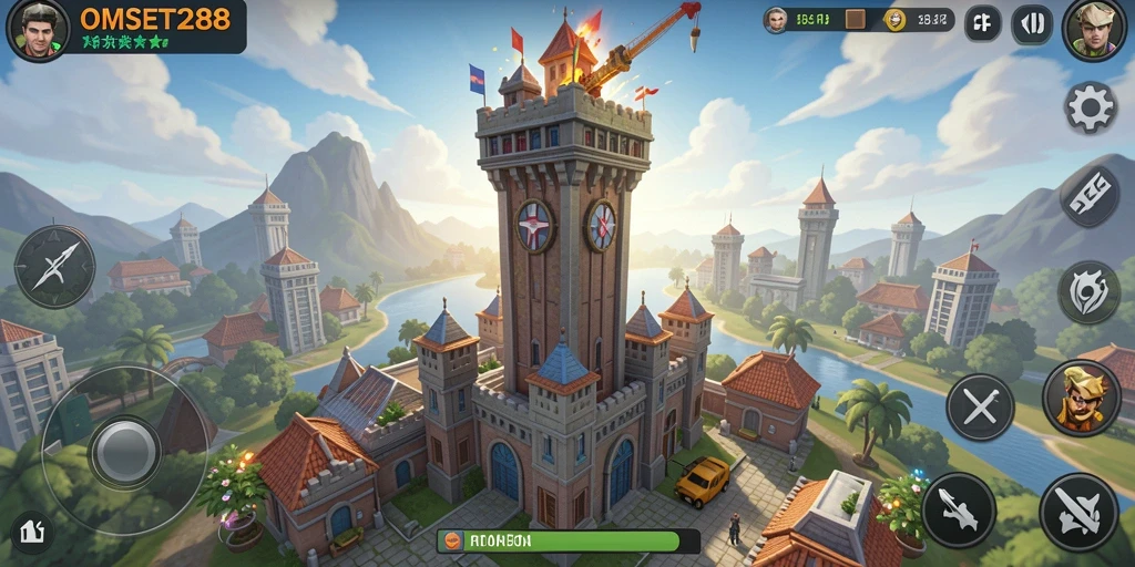 Tampilan gameplay seru pertahanan menara di OMSET288.