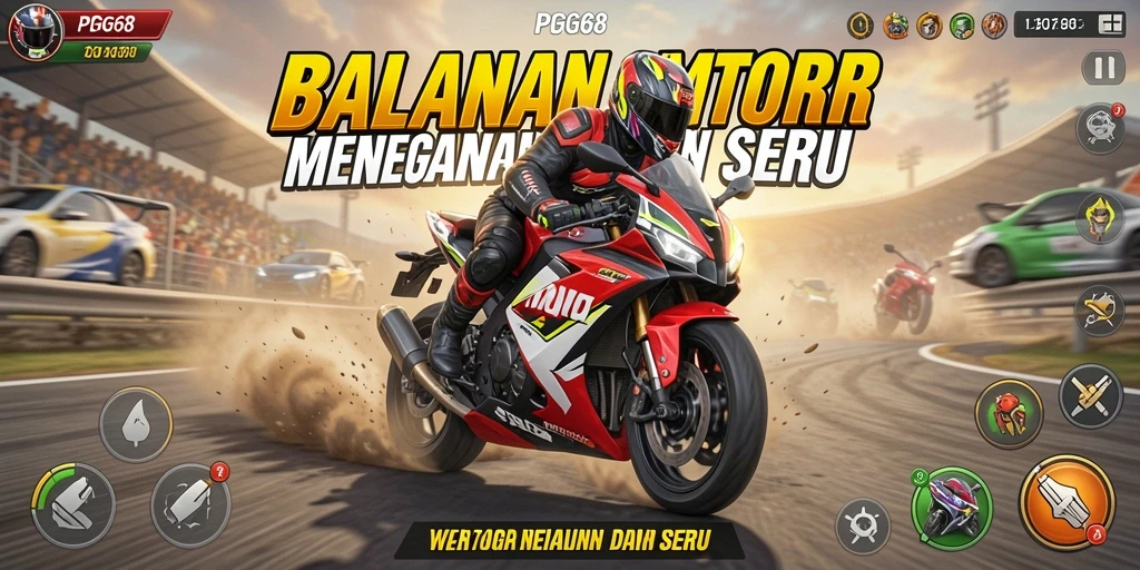 Tangkapan layar gameplay PGG68 menampilkan aksi balapan motor yang mendebarkan.