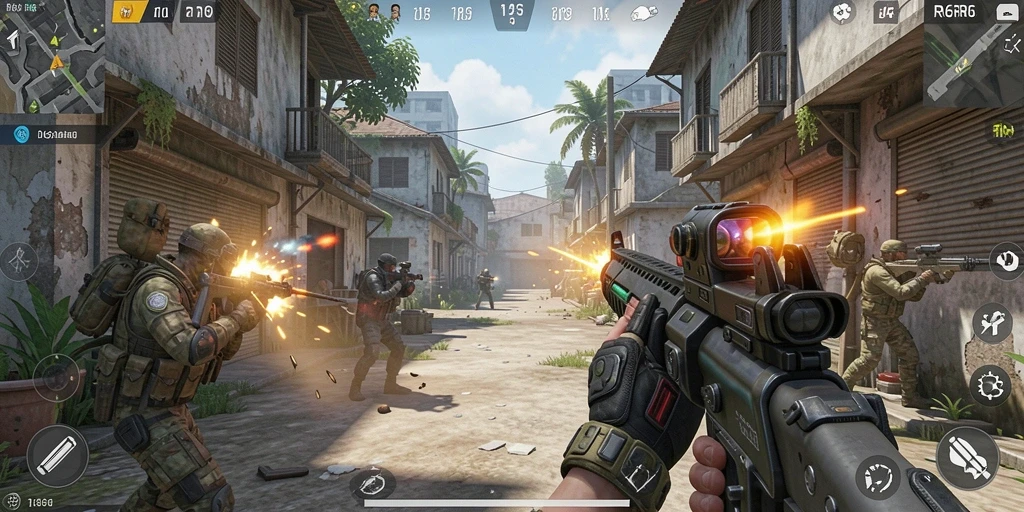 Screenshot R6R6 menampilkan aksi pertempuran mendebarkan di lingkungan kota.