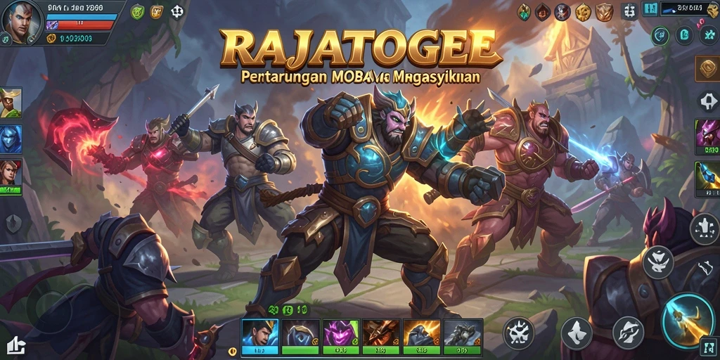 Screenshot utama RAJATOGEL menampilkan aksi pertarungan seru di arena MOBA.