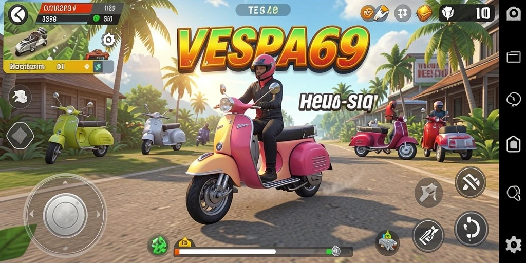 Tampilan gameplay VESPA69 yang mendebarkan dan berwarna-warni.