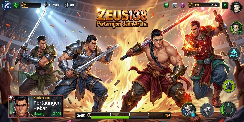 Tangkapan layar gameplay ZEUS138 dengan pertarungan intens di arena.