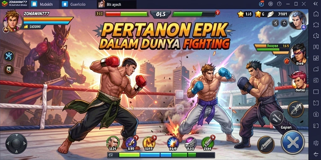 Screenshot utama ZONAWIN777 menampilkan aksi pertarungan yang mendebarkan.